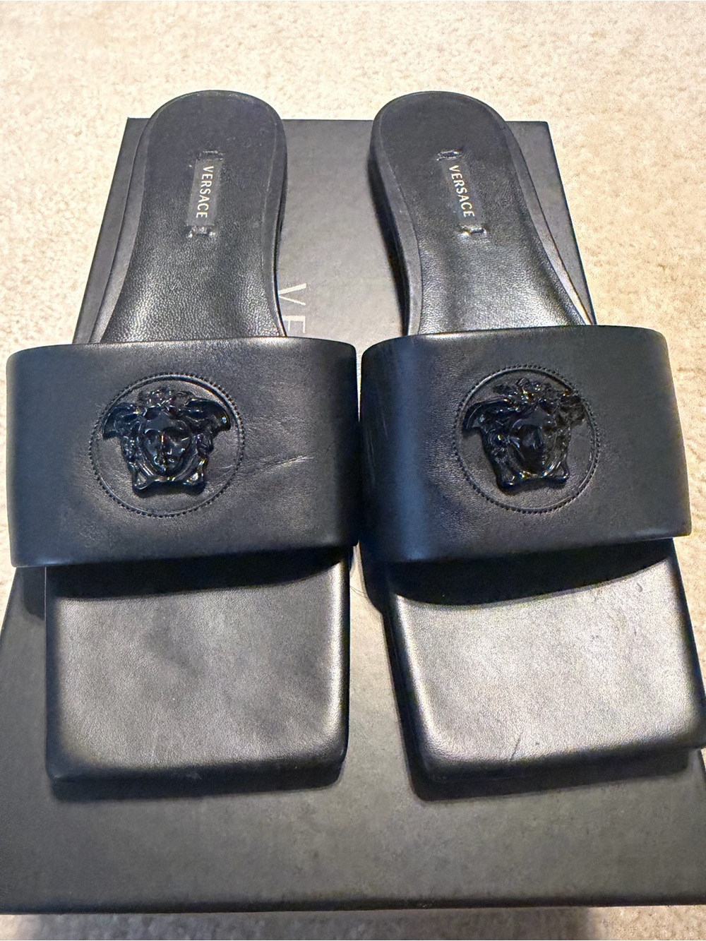 Versace Black Leather Medusa Slide Sandals size 40